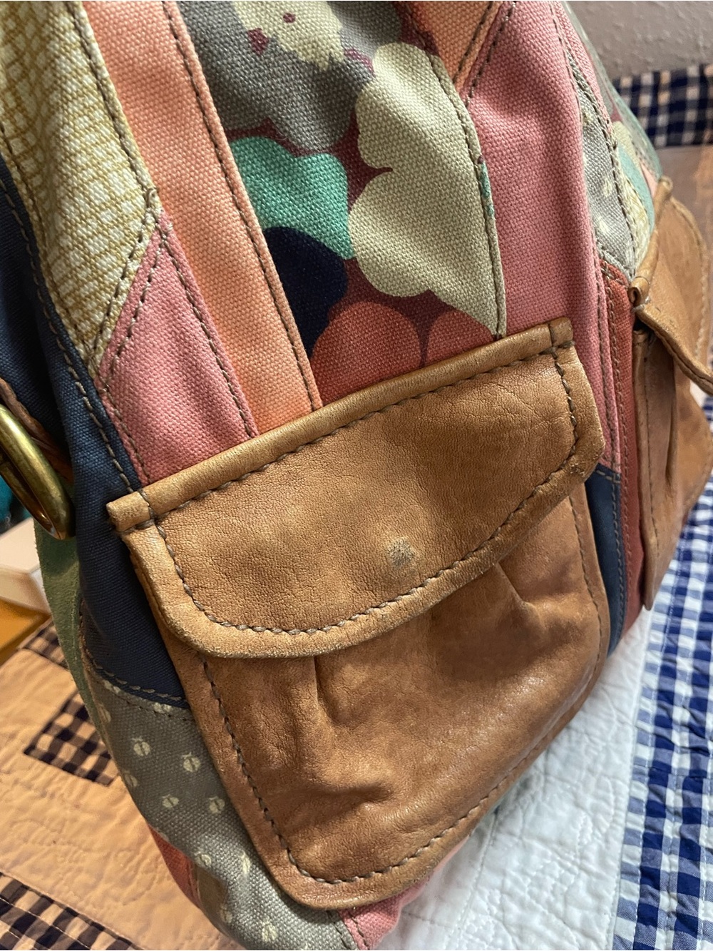 Fossil Patchwork Shoulder Bag in Navy, Coral, Teal & Tan - Picture 4 of 16